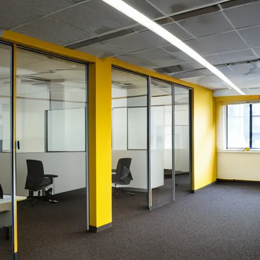 Prompt: an infinite empty office with damp brown carpet and yellow walls