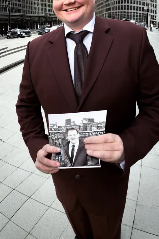 Image similar to full length body shot, andy richter wearing a brown suit and necktie and black boots, ultra hd photo, 3 5 mm close up, fish eye, realistic, smiling, holding a postcard from chicago,