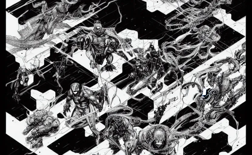 Prompt: black and white avengers fights with marvel monsters, isometric, by tsutomu nihei