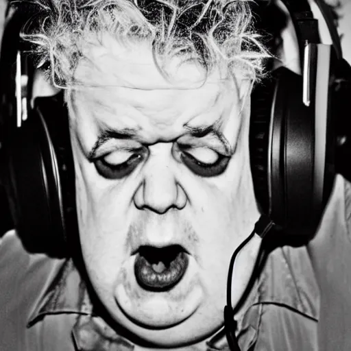 Prompt: obese Robert Smith wearing a headset yelling at his monitor while playing WoW highly detailed wide angle lens 10:9 aspect ration award winning photography by David Lynch