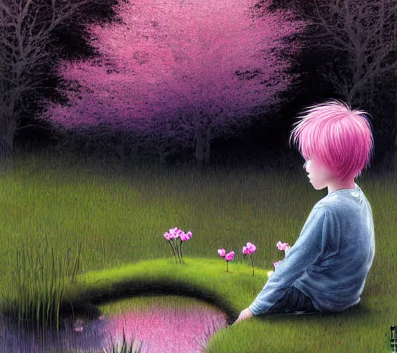 Image similar to pink haired boy backlit staring at black haired boy from across a pond, by alan lee, muted colors, springtime, colorful flowers & foliage in full bloom, sunlight filtering through trees & skin, digital art, art station cfg _ scale 9