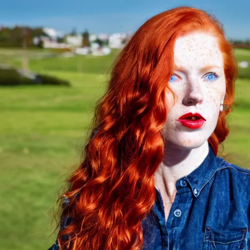 Image similar to Close up photo of the left side of the head of a redhead woman with gorgeous blue eyes and wavy long red hair, red detailed lips and freckles who looks directly at the camera. Slightly open mouth. Whole head visible and covers half of the frame, with a park visible in the background. 135mm nikon.