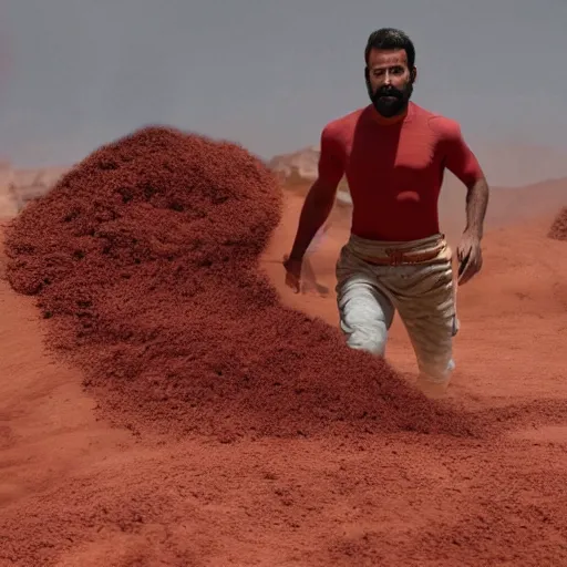 Image similar to cinematic still of a gust of wind blowing red clay into the shape of a 30 year old middle eastern man emerging waist up out of the red clay, strong, muscular, mysterious, fantastical, miraculous, epic, light rays, cinematic, Biblical epic directed by Steven Spielberg