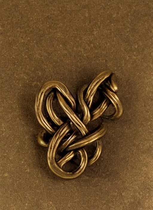 Prompt: bronze age Irish, detailed knot-work gold cloak pin of a dinosaur, studio lighting, museum