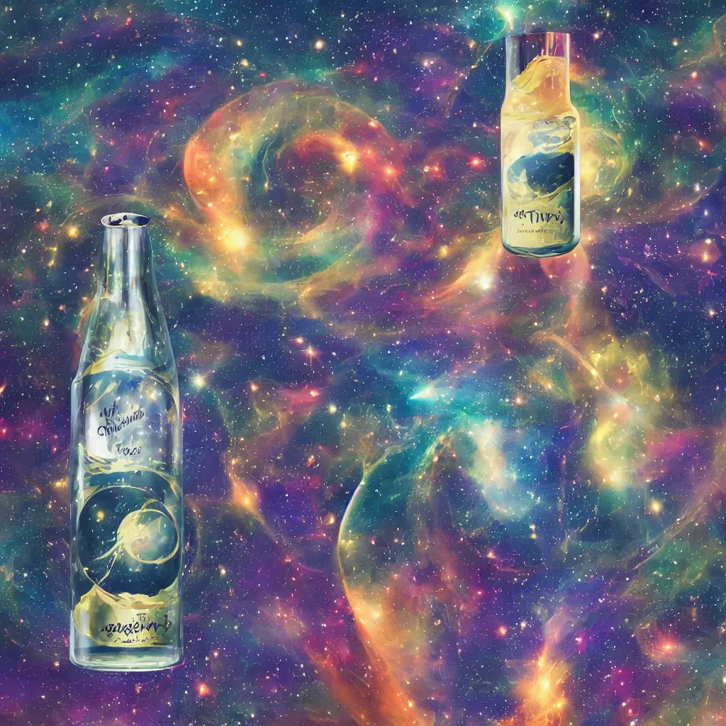 Image similar to the universe contained within a bottle, in a style of midjourney