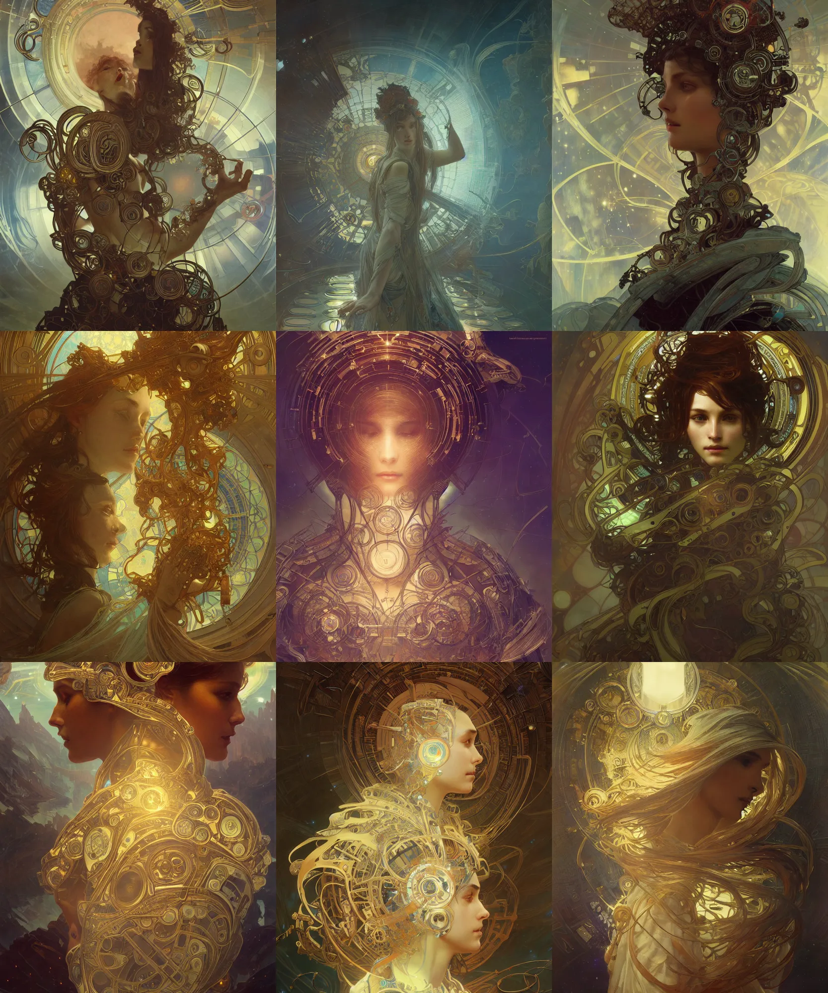 Prompt: celestial artificial intelligence mind, intricate, 8 k highly professionally detailed, hdr, cgsociety, dark fantasy, dynamic lighting, cinematic, pristine, smooth, cosplay, elegant, sharp focus, art by alphonse mucha and greg rutkowski,