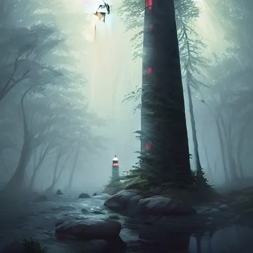 Prompt: a magical lighthouse in the middle of the woods, magical forest, by Jordan Grimmer and greg rutkowski, crisp lines and color,