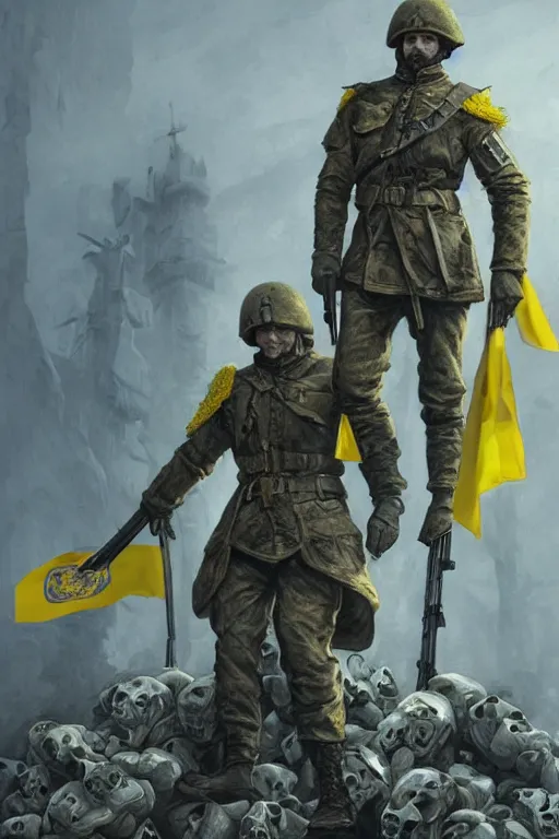 Prompt: a distant shot of a Ukrainian Modern Warfare soldier with blue and yellow flag standing alone on a pile of skulls as a winner, masculine figure, D&D, fantasy, intricate, elegant, highly detailed, hyperrealistic, extremely detailed, digital painting, artstation, concept art, matte, sharp focus, symmetrical, illustration, art by Artgerm and Greg Rutkowski and Alphonse Mucha