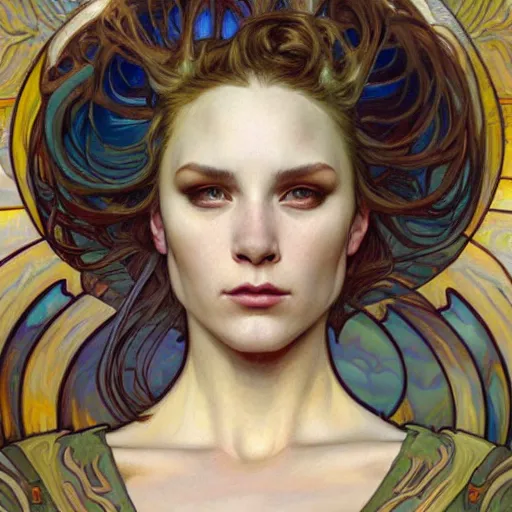 Image similar to a painting in the style of donato giancola, and in the style of charlie bowater, and in the style of alphonse mucha. smooth, sharp focus, semi - realism, symmetry.