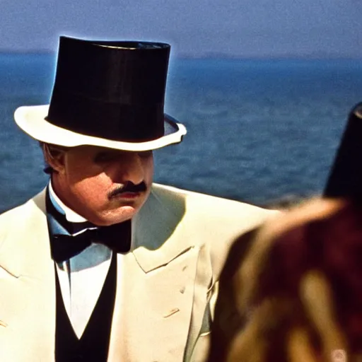 Prompt: the godfather wears a top hat. 5 0 mm, cinematic, technicolor. sea in the background with several boats