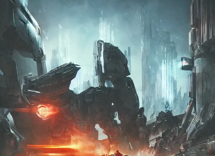 Image similar to medieval cyberpunk knight running from a gigantic ethereal armored mech in a scenic destroyed city, armor inspired by star wars and iron man, cybernetic implants, beautiful digital art, epic lighting, epic composition, sharp focus