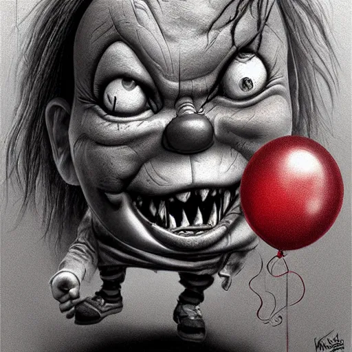 Image similar to surrealism grunge cartoon portrait sketch of chucky with a wide smile and a red balloon by - michael karcz, loony toons style, pennywise style, horror theme, detailed, elegant, intricate