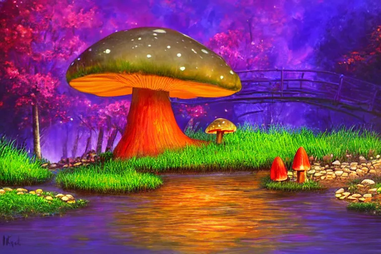 Prompt: a painting of giant mushrooms with next to a small bridge, flowing water, digital art, zangarmarsh, scenic, reds, purples, pink, reflections, blue lighting, glow's in side the mushrooms, complex background, chill,