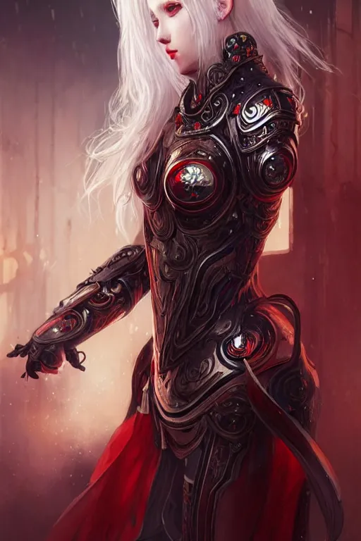 Image similar to portrait knights of white hair Zodiac girl+smoky eyes, black fire red color reflected armor, in ruined Agora of Athens rainy night, ssci-fi and fantasy, intricate and very very beautiful and elegant, highly detailed, digital painting, artstation, concept art, smooth and sharp focus, illustration, art by tian zi and WLOP and alphonse mucha