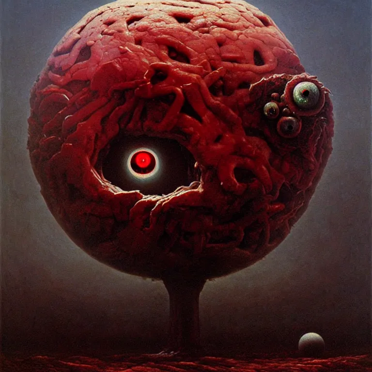 Prompt: a horrifying sphere of meat and eyeballs, by zdzisław beksinski and greg rutkowski, surreal, horror, oil on canvas, dark, nightmare fuel, highly detailed, hd