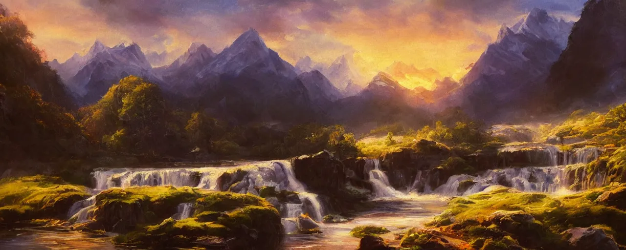 Image similar to a serene landscape with mountains and waterfall, oil painting, light brush strokes, cinematic light, sunset, intricate details, dynamic