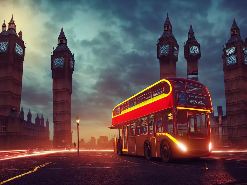 Image similar to an ancient beautiful cyborg with glowing eyes in the city of London, westminster in background, london bus, colourful, dramatic lighting, golden hour, very detailed octane render very realistic beautiful