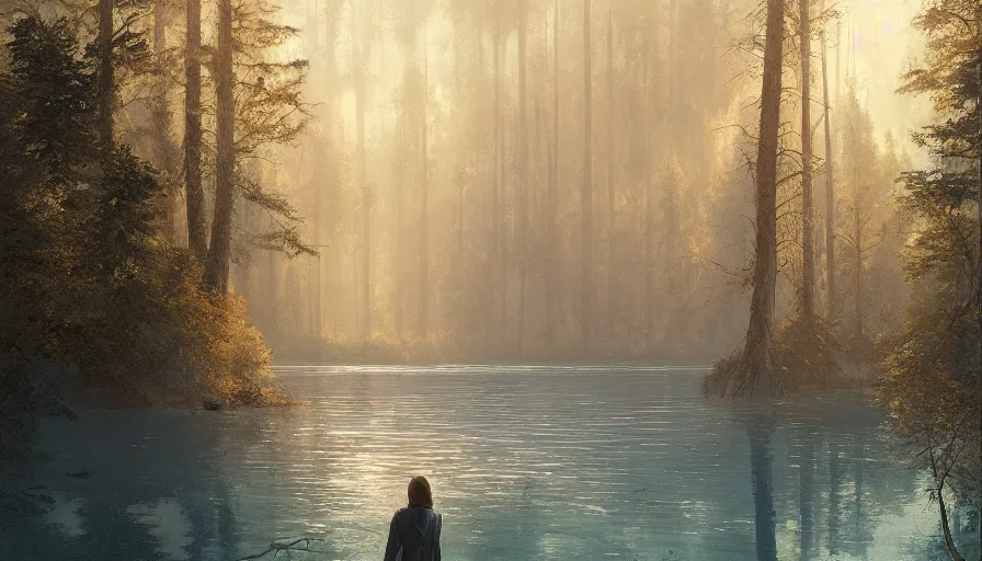 Prompt: portrait of a lake surrounded by forest, highly detailed, sunny, blue sky, cinematic lighting, highly angle, godrays, volumetric, photorealistic, digital art painting by greg rutkowski