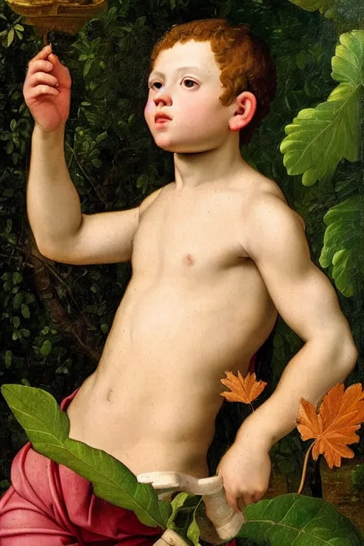 Image similar to renaissance painting of young boy in the garden, closeup, short hair, interest face, emotions closeup, dressed in roman armour, the beautiful garden with birch leaves everywhere, ultra detailed, art by Guido Reni style, Vincenzo Catena style