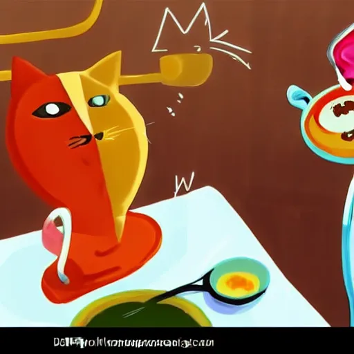 Image similar to anthropomorphic cat chef cooking a delicious colorful soup, digital painting, youtube video thumbnail