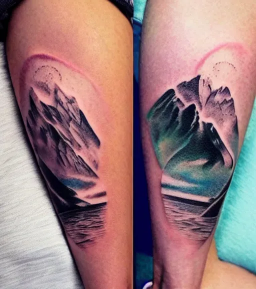 Image similar to creative double exposure effect tattoo design sketch of margot and beautiful mountains and nature, margot robbie and mountain scenery, realism tattoo, in the style of matteo pasqualin, amazing detail, sharp