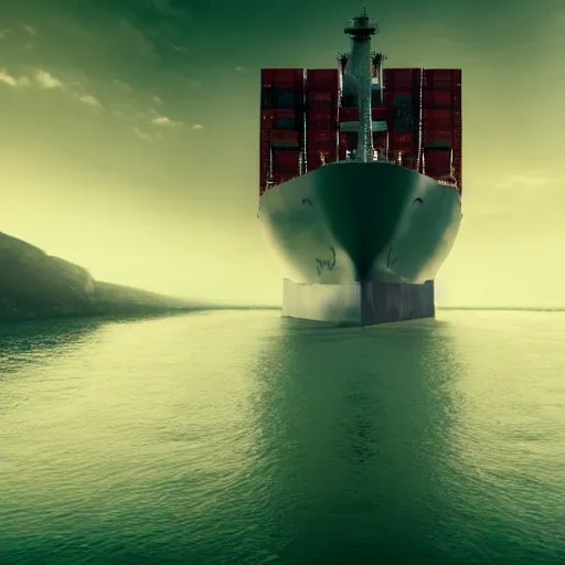 Image similar to photo of immense gigantic industrial futuristic cargo ship arrives at futuristic city sea port, dark cinematic lighting