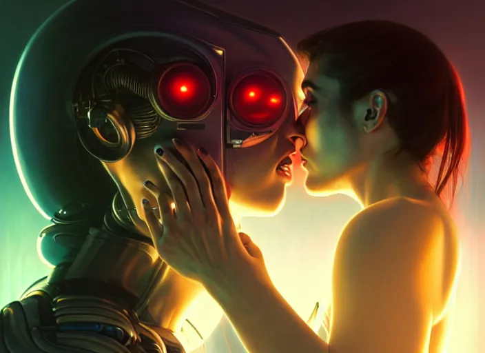 Image similar to ultra realistic medium shot of a couple of cyborgs kissing, lovers, cyberpunk, sci - fi, fantasy, kodak, colour led, soft light, volumetric lighting, night, intricate, highly detailed, digital painting, concept art, smooth, sharp focus, illustration, art by artgerm and greg rutkowski and alphonse mucha