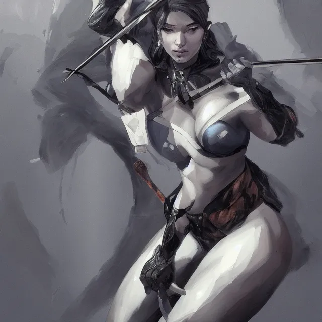 Prompt: a beautiful painting of a female archer with grey skin and a frost bow by Yoji Shinkawa, Drow Ranger, Dota, heavy line work, chiaroscuro lighting, beautiful and cool. Trending on ArtStation