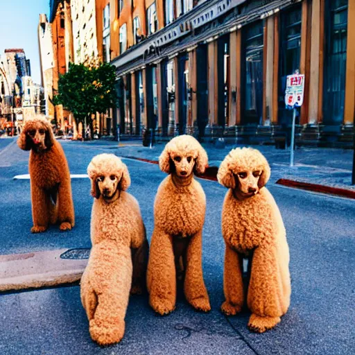 Prompt: a gang of poodles terrorizing the city