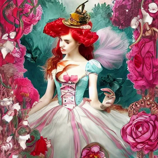 Image similar to Alice in Wonderland at the tea party, she looks like a mix of grimes, Aurora Aksnes and Zendaya, childlike, billowing elaborate hair and dress, strings of pearls, surrounded by red and white roses, digital illustration, inspired by a stylistic blend of Aeon Flux, Japanese shoujo manga, and John singer Sargent paintings, hyper detailed, dreamlike, incredibly ethereal, super photorealistic, iridescent, dichroic prism, speckled, marbling effect, tulle and lace, extremely fine inking lines