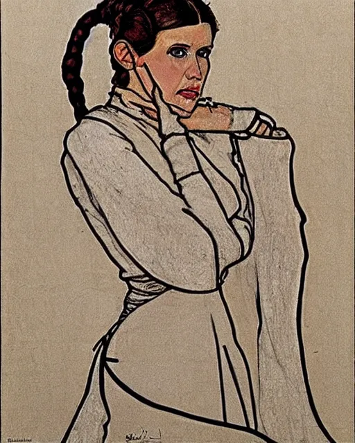 Prompt: princess leia from star war: a new hope, drawing by egon schiele, trending somewhere trendy, cdx