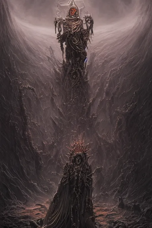 Prompt: Elden Ring and Doom themed painting of powerful undead warlock crowned, dark fantasy matte painting movie poster, golden ratio, trending on cgsociety, intricate, majestic, dark epic fantasy, trending on artstation, by H.R. Giger and Zdizslaw Beksinski, highly detailed, vibrant, cinematic quality character render; low angle; ultra high quality model; production quality cinema model