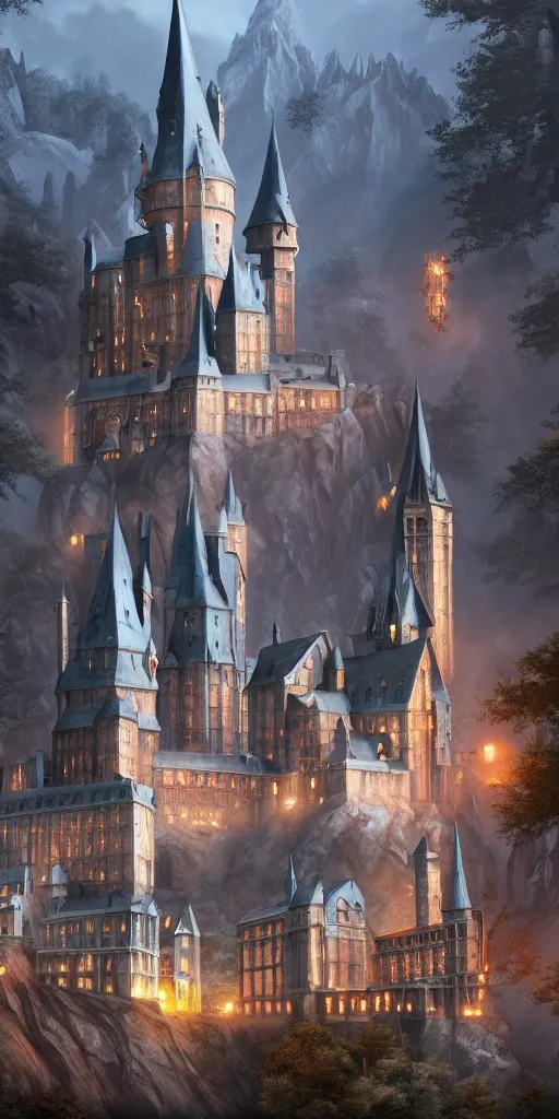 Image similar to mysterious painting of Hogwarts, immaculate scale, hyper-realistic, Unreal Engine, Octane Render, digital art, trending on Artstation, 16k, detailed, atmospheric, immaculate