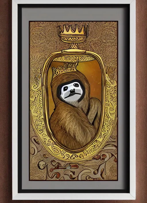 Prompt: sloth as the king of cups, copper cup, coper crown, poster framed, intricate details, medieval art style, high contrast, posterized