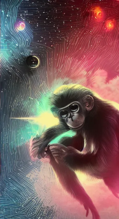 Image similar to “ big eye monkey holding laser gun floating in clouds, digital art, super aesthetic, art station childish style ”