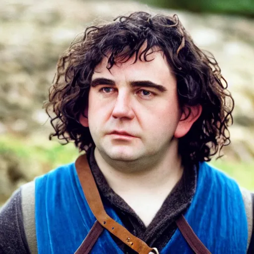 Image similar to close up headshot of a frowning clean shaven pudgy British lad with short curly dark brown hair as a hobbit wearing a white men's crossbody sling chest bag and blue vest, blue vest!! white crossbody chestbag!! high resolution film still, movie by Peter Jackson