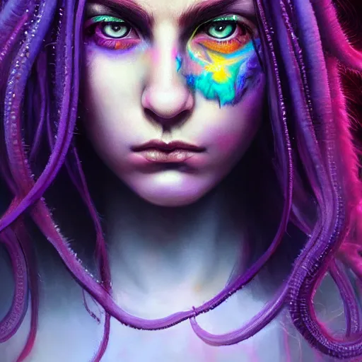 Image similar to detailed photo portrait of a furious teen girl with thin, hair-like purple tentacles on her head and bright purple eyes, 8k,by tristan eaton, Stanley Artgermm,Tom Bagshaw,Greg Rutkowski,Carne Griffiths,trending on DeviantArt, face enhance,hyper detailed ,full of colour, dramatic lightning