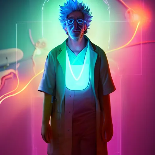 Image similar to portrait art of rick sanchez, lab coat, cyan shirt, 8 k ultra realistic, lens flare, atmosphere, glow, detailed, intricate, full of colour, cinematic lighting, trending on artstation, 4 k, hyperrealistic, focused, extreme details, unreal engine 5, cinematic, masterpiece