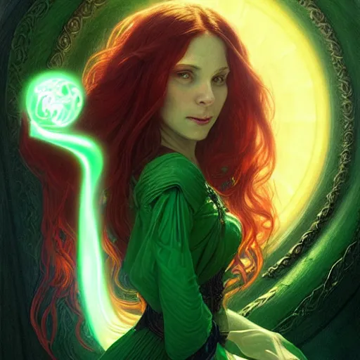 Prompt: Portrait of female sorceress with long red wavy hair and a green dress and a goblet with a glowing potion in it, epic dark fantasy, medium shot, intricate, elegant, highly detailed, digital painting, artstation, concept art, smooth, sharp focus, illustration, art by artgerm and greg rutkowski and alphonse mucha