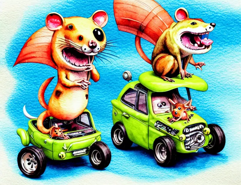 Image similar to cute and funny, quoll riding in a tiny hot rod with oversized engine, ratfink style by ed roth, centered award winning watercolor pen illustration, isometric illustration by chihiro iwasaki, edited by range murata, tiny details by artgerm and watercolor girl, symmetrically isometrically centered