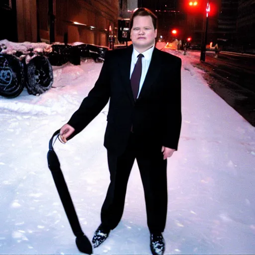 Image similar to 1 9 9 8 andy richter wearing a black suit and necktie standing on the streets of chicago at night in winter.