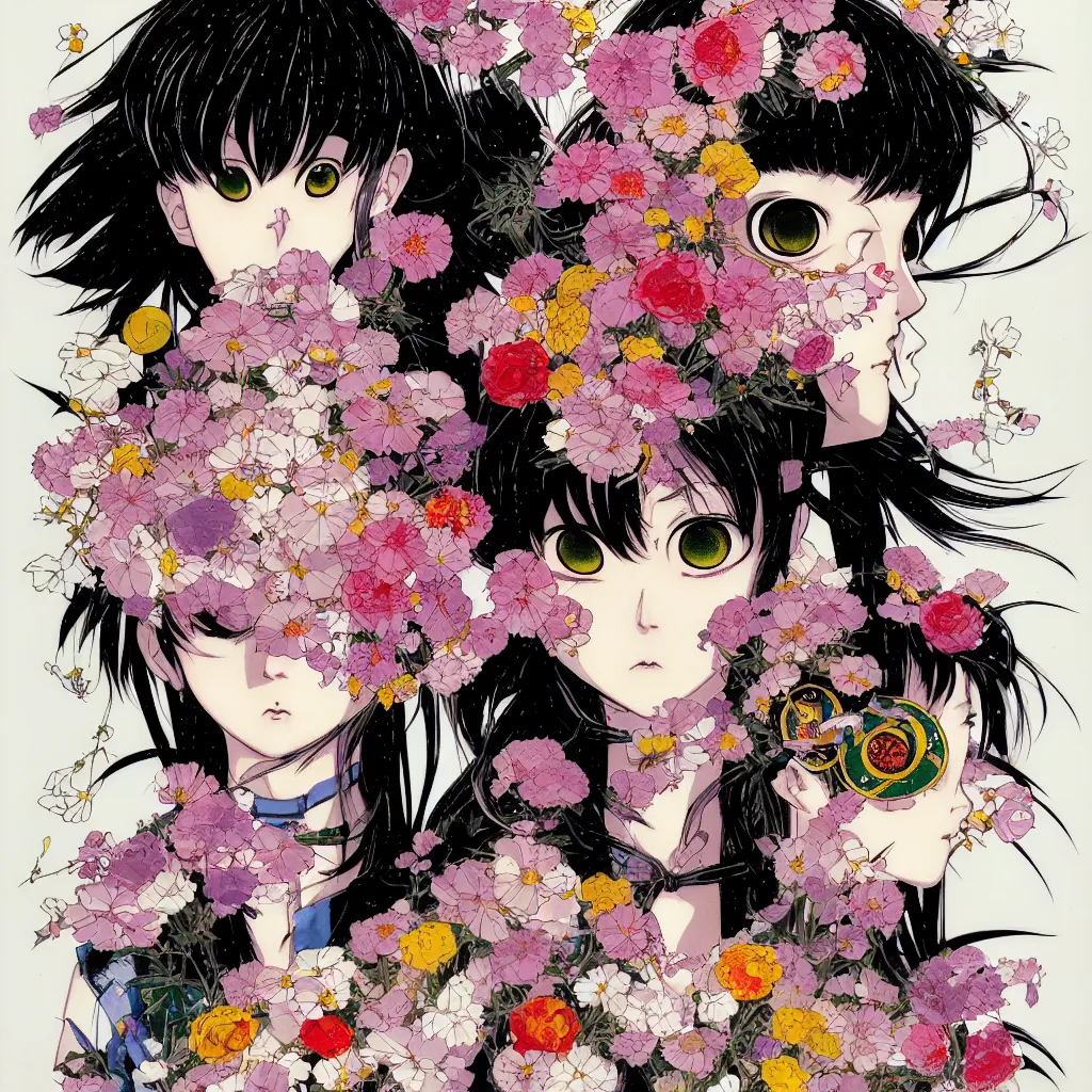 Prompt: prompt: Fragile portrait of one persona covered with random flowers illustrated by Katsuhiro Otomo, inspired by sailor moon and 1990 anime, smaller cable and cryborg parts as attributes, eyepatches, illustrative style, intricate oil painting detail, manga 1980