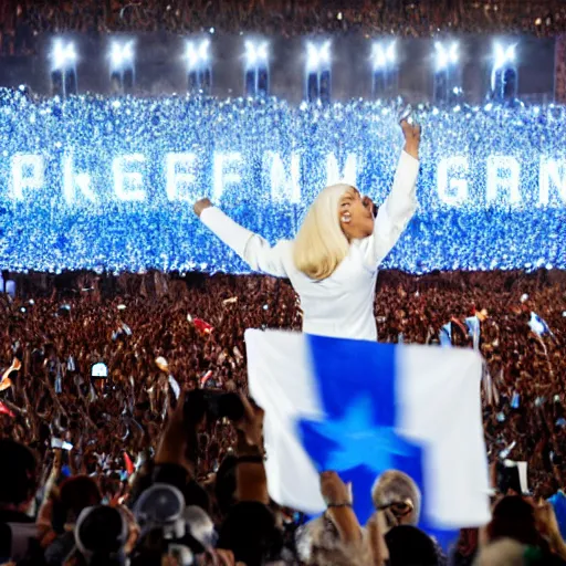 Image similar to Lady Gaga as president, Argentina presidential rally, Argentine flags behind, bokeh, giving a speech, detailed face, Argentina