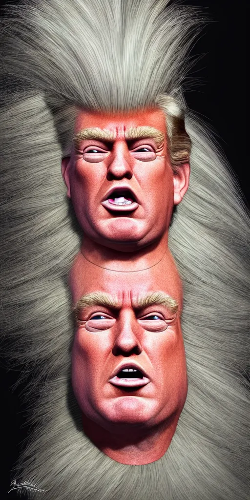 Image similar to hyperrealistic mixed media painting of Trump as a Norwegian Troll doll, stunning 3d render inspired art by P. Craig Russell and Barry Windsor-Smith + perfect facial symmetry + dim volumetric lighting, head and shoulders, serious expression, 8k octane beautifully detailed render, post-processing, extremely hyperdetailed, intricate, epic composition, grim yet sparkling atmosphere, cinematic lighting + masterpiece, trending on artstation, very detailed, masterpiece, stunning