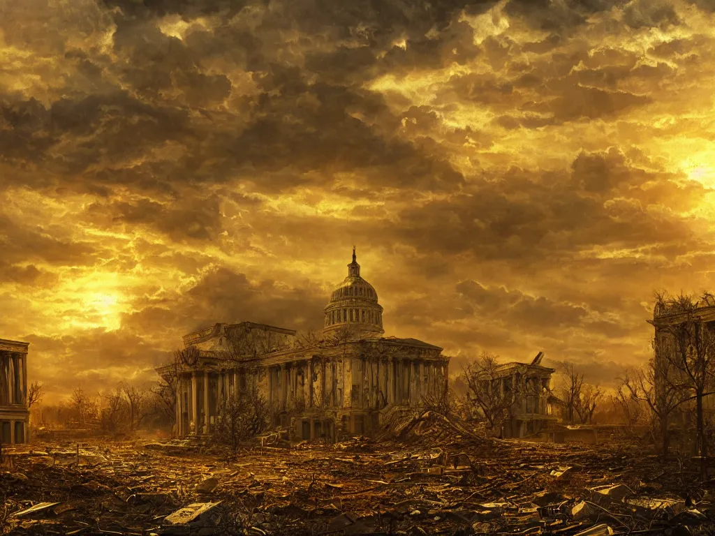 Prompt: a post apocalyptic landscape of washington dc after a nuclear war, u. s. capitol building in partial ruins, beautiful radioactive sunset lighting, beautiful painting, fallout 3, painted by albert bierstadt