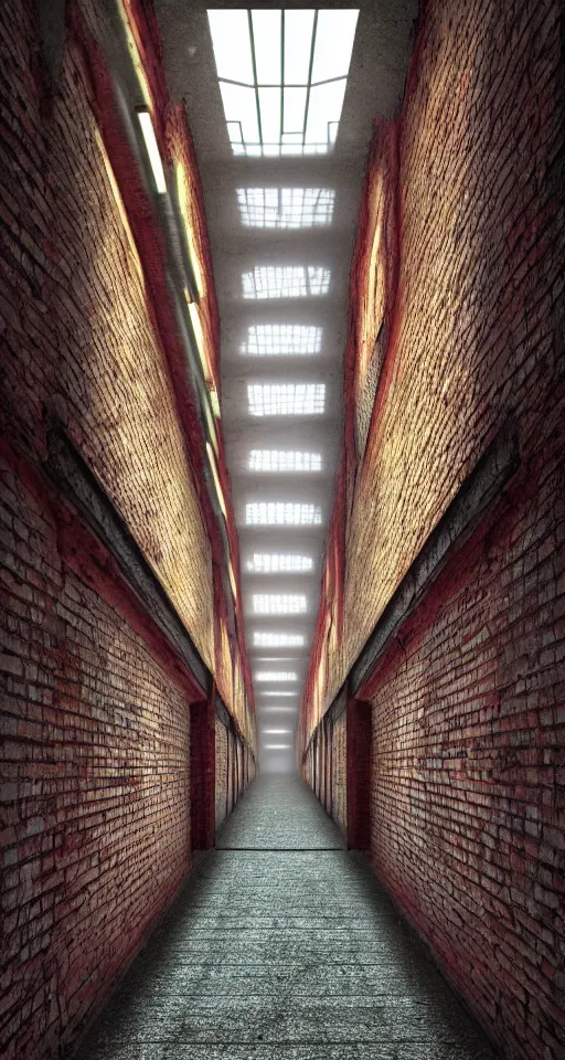 Image similar to a long colorful asylum hallway, one point perspective, vanishing point, symmetrical composition, rich colors, dramatic lighting, by lee madgwick, photorealistic, v - ray render 8 k uhd