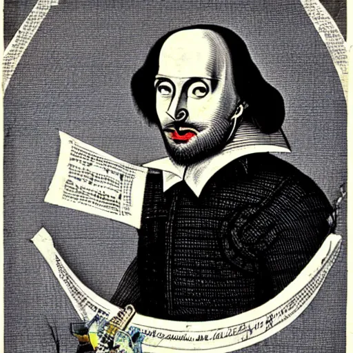 Image similar to Shakespeare as a cyborg robot holding paper and quill