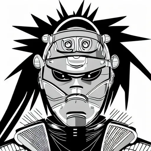 Image similar to a post - modern samurai cyborg in manga style, manga, black and white, japanese, action portrait art