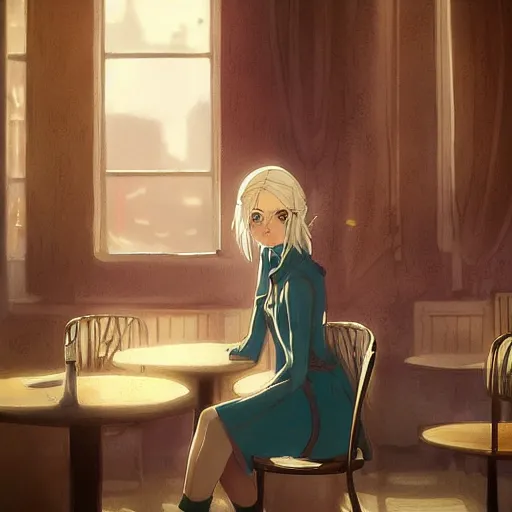 Prompt: Ciri in a cafe in Paris, digital art, by Makoto Shinkai