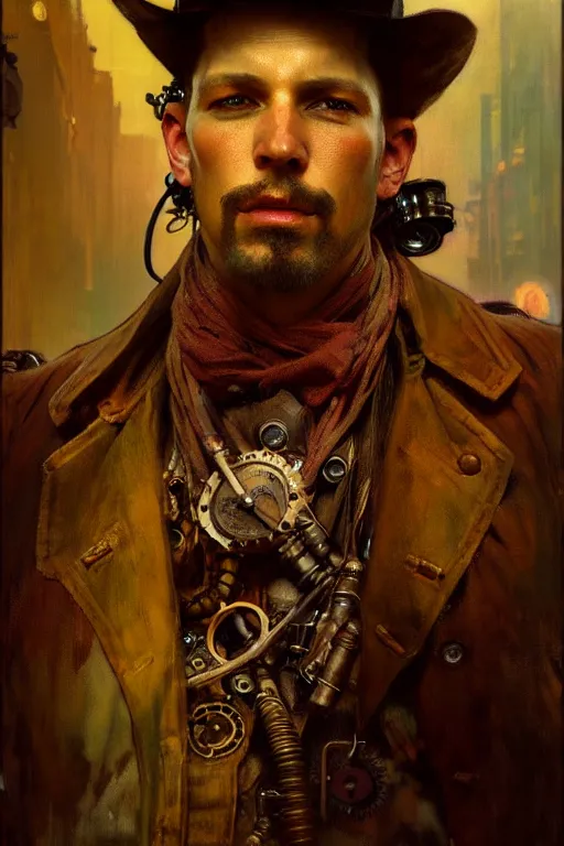 Image similar to hyperrealist portrait of a steampunk cowboy by jeremy mann and alphonse mucha, fantasy art, photo realistic, dynamic lighting, artstation, poster, volumetric lighting, very detailed faces, 4 k, award winning